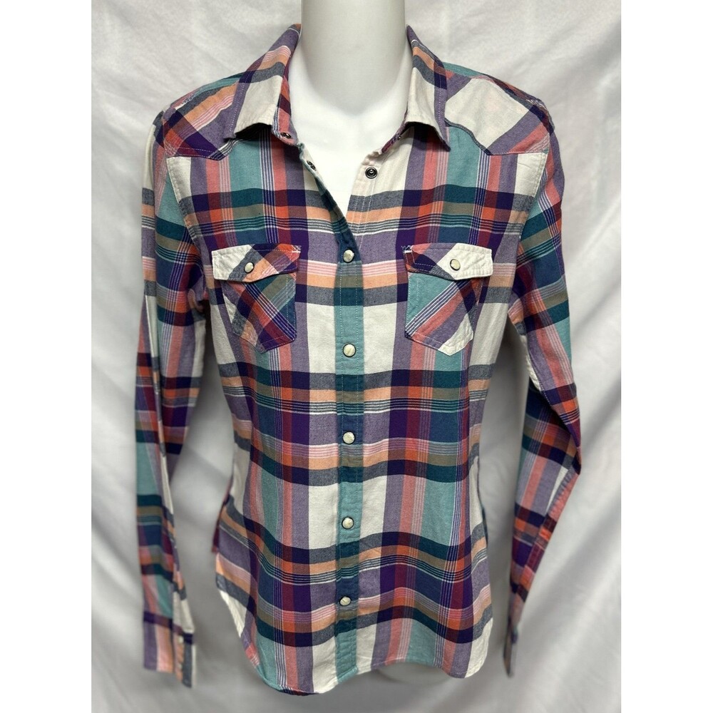 American Eagle Women's Pearl Snap Western Plaid Shirt Pink Purple Sz S +🎁